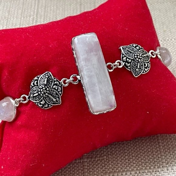 Women Handmade Bracelet Silver Tone Real Rainbow Moonstone Wrist Band Jewelry - Picture 5 of 12